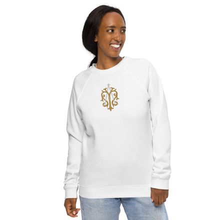 Embroidered Unisex Organic Raglan Sweatshirt, Auspice Maria, Crest, kgvlsx