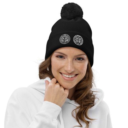 Pom-Pom Beanie, St. Benedict Medal, filt5a design, white