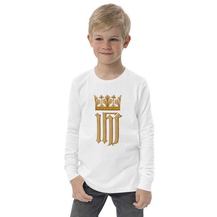 Youth Long Sleeve Tee, IHS with Crown, Golden Pattern, nlxdo1 