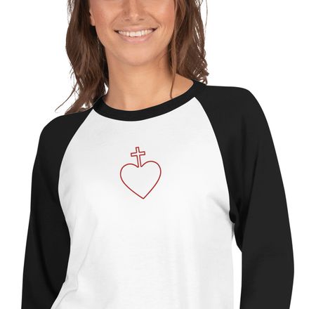 Embroidered Unisex 3/4 Sleeve Raglan Shirt, Sacred Heart of Jesus, 7ugqf9 hollow design