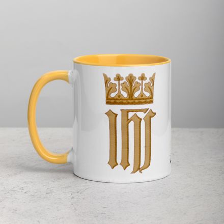 White Ceramic Mug with Color Inside, 11oz &amp; 15oz, IHS with Crown And Monstrance Tree, hdch0f