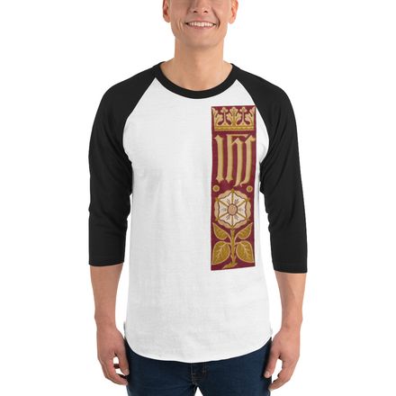 Unisex 3/4 Sleeve Raglan Shirt, IHS Stripe With Crown and Monstrance, Red, yok2qk, left chest