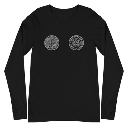 Embroidered Unisex Long Sleeve Tee, St. Benedict Medal, filt5a design, inverse