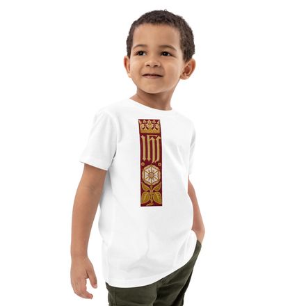 Organic Cotton Kids T-Shirt, IHS Stripe With Crown and Monstrance, Red, yok2qk, right chest