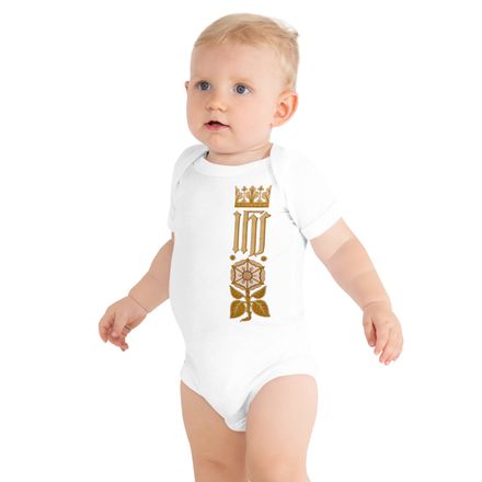 Baby Short Sleeve One Piece, IHS Stripe With Crown and Monstrance, vw6yal, left chest