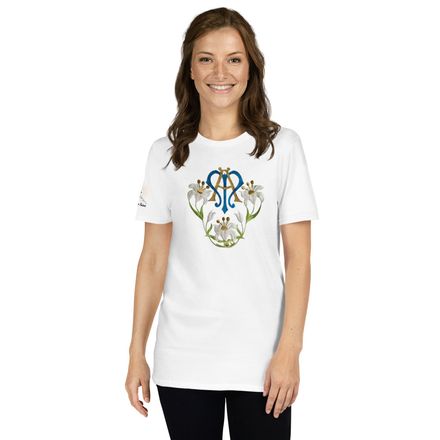 Unisex Basic Softstyle T-Shirt, Auspice Maria, Crest with flowers, qfko6t