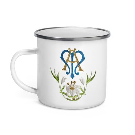 Enamel Mug, Auspice Maria, Crest with bottom flowers, ber1mq