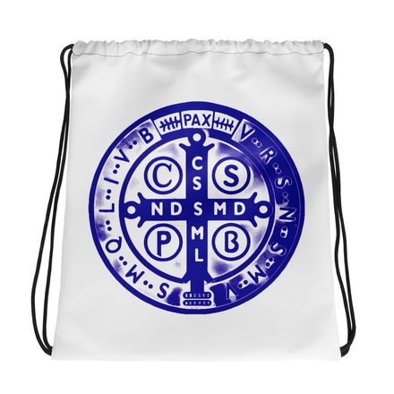 Drawstring Bag, St. Benedict Medal, oih8m5 design, blue
