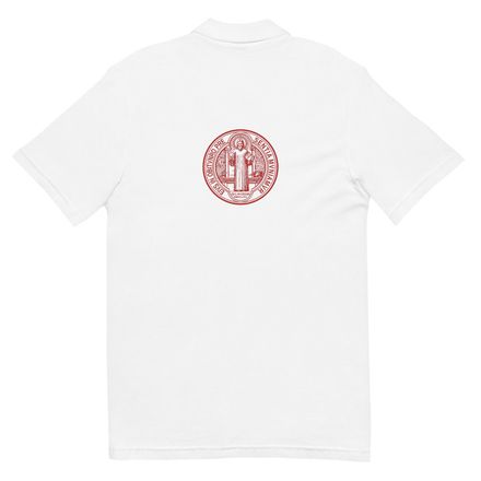 Unisex Pique Polo Shirt, St. Benedict Medal, filt5a design, red, reversed, with back image
