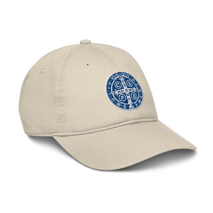 Organic Baseball Cap, St. Benedict Medal, qiretu design, blue