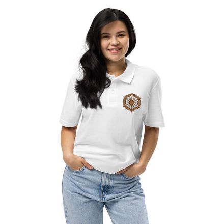 Unisex Pique Polo Shirt, Monstrance with Golden Pattern, eneyoj
