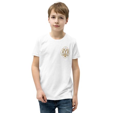 Embroidered Youth Staple Tee, Auspice Maria, Crest with outer edge, kdegvj, left chest