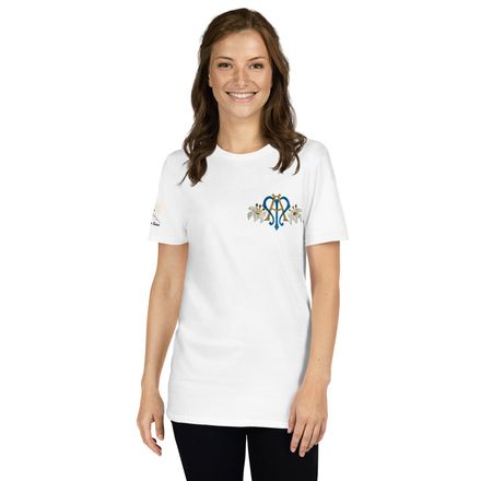Unisex Basic Softstyle T-Shirt, Auspice Maria, Crest with side flowers, hlduri, left chest