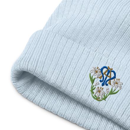 Ribbed Knit Beanie, Auspice Maria, Crest with flowers, qfko6t