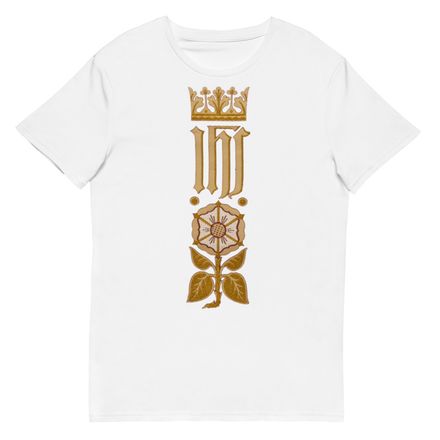 Men&#x27;s Premium Cotton T-Shirt, IHS Stripe With Crown and Monstrance, vw6yal