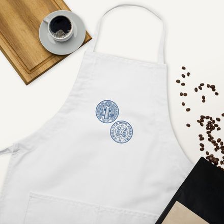 Embroidered Apron, St. Benedict Medal, filt5a design, blue