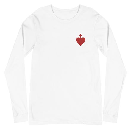 Embroidered Unisex Long Sleeve Tee, Sacred Heart of Jesus, 7ugqf9 design, left chest