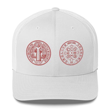 Retro Trucker Hat, St. Benedict Medal, filt5a design, red