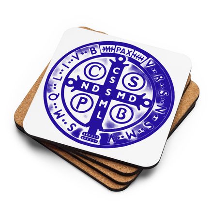 Cork-Back Coaster, St. Benedict Medal, oih8m5 design, blue