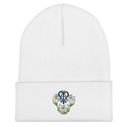 Cuffed Beanie, Auspice Maria, Crest with flowers, qfko6t
