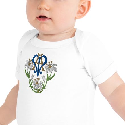 Embroidered Baby Short Sleeve One Piece, Auspice Maria, Crest with flowers, qfko6t 