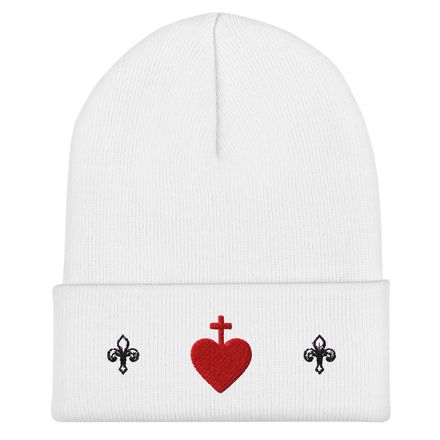 Cuffed Beanie, Sacred Heart of Jesus, 7ugqf9 design, small Fleur de Lys