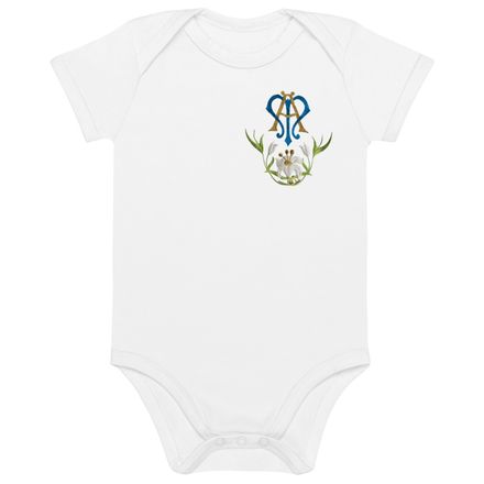 Organic Cotton Baby Bodysuit, Auspice Maria, Crest with bottom flowers, ber1mq, left chest