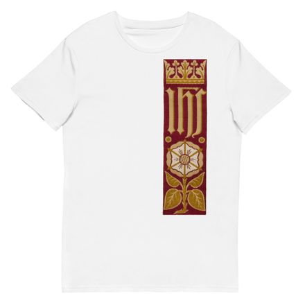 Men&#x27;s Premium Cotton T-Shirt, IHS Stripe With Crown and Monstrance, Red, yok2qk, left chest