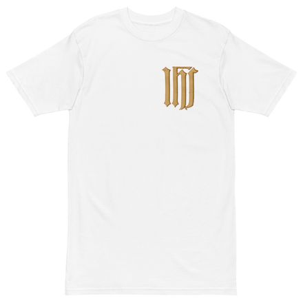 Men&#x27;s Premium Heavyweight Tee, IHS, Golden Pattern, gedziz, left chest