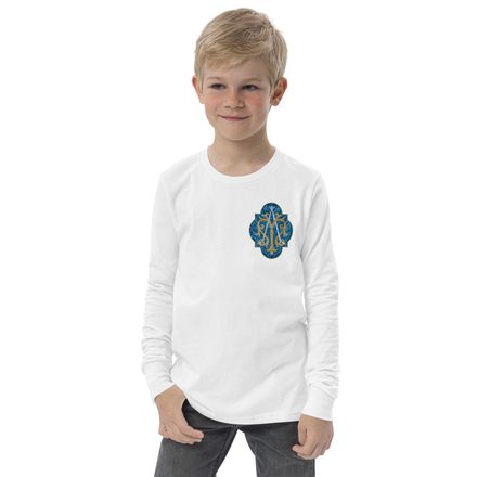 Youth Long Sleeve Tee, Auspice Maria, Crest with rounded Cross, u3bkt0, left chest