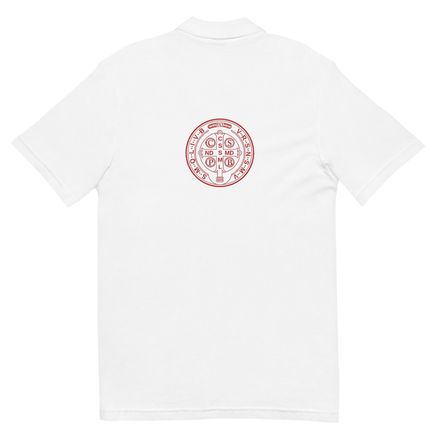 Unisex Pique Polo Shirt, St. Benedict Medal, filt5a design, red, with back image