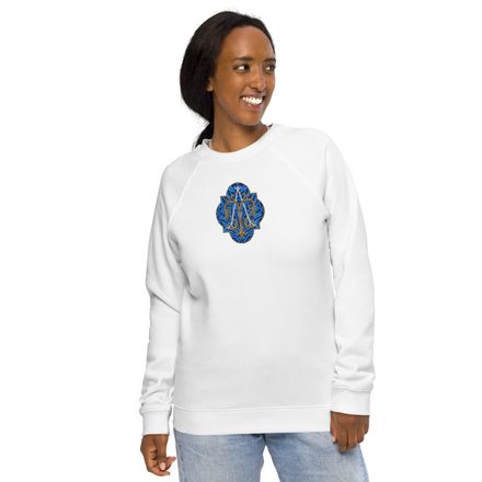 Embroidered Unisex Organic Raglan Sweatshirt, Auspice Maria, Crest with rounded Cross, u3bkt0