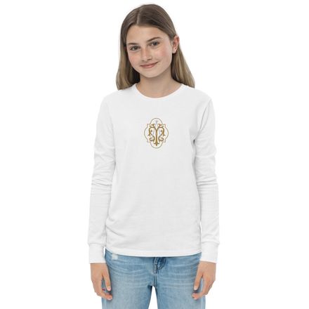 Embroidered Youth Long Sleeve Tee, Auspice Maria, Crest with outer edge, kdegvj