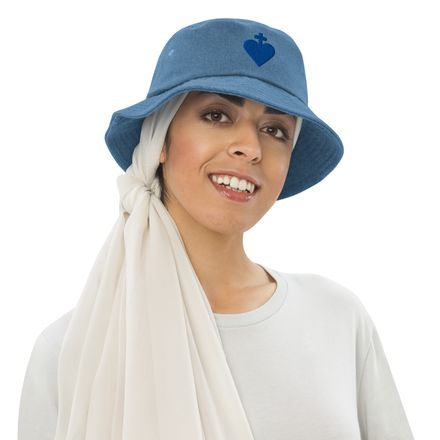 Denim Bucket Hat, Sacred Heart of Jesus, yjegla design, blue