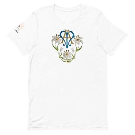 Unisex Staple T-Shirt, Auspice Maria, Crest with flowers, qfko6t