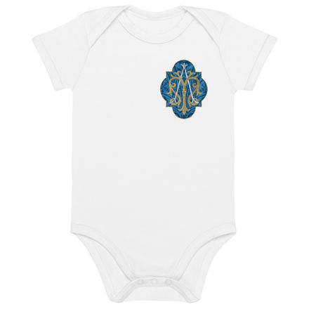 Organic Cotton Baby Bodysuit, Auspice Maria, Crest with rounded Cross, u3bkt0, left chest