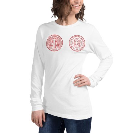 Unisex Long Sleeve Tee, St. Benedict Medal, filt5a design, red
