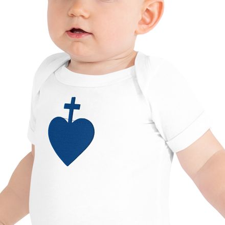 Embroidered Baby Short Sleeve One Piece, Sacred Heart of Jesus, 7ugqf9 design, blue