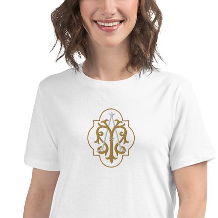 Embroidered Women&#x27;s Relaxed T-Shirt, Auspice Maria, Crest with outer edge, kdegvj