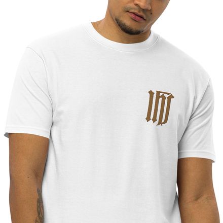 Embroidered Men&#x27;s Premium Heavyweight Tee, IHS, Golden Pattern, gedziz, left chest