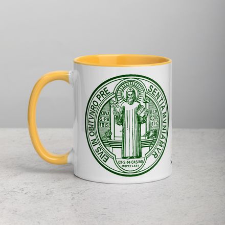 White Ceramic Mug with Color Inside, 11oz &amp; 15oz, St. Benedict Medal, filt5a design, dark green