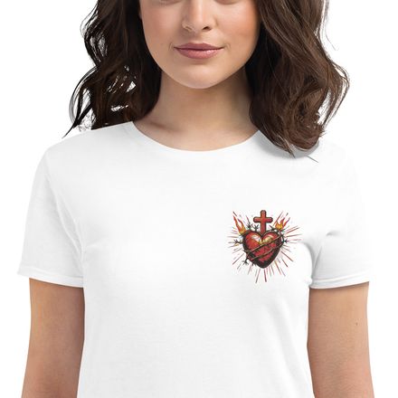 Embroidered Women&#x27;s Fashion Fit T-Shirt, Sacred Heart of Jesus, uetiyj, left chest