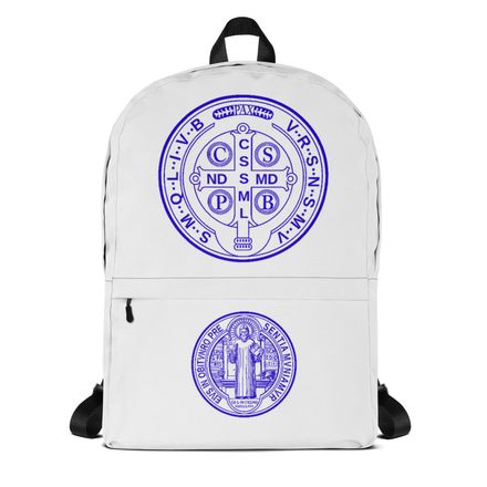 Backpack, St. Benedict Medal, filt5a design, blue, back at top