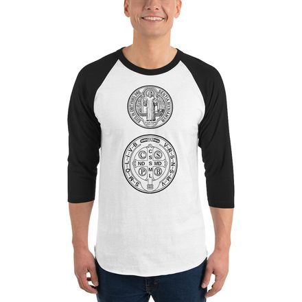 Unisex 3/4 Sleeve Raglan Shirt, St. Benedict Medal, filt5a design, vertical