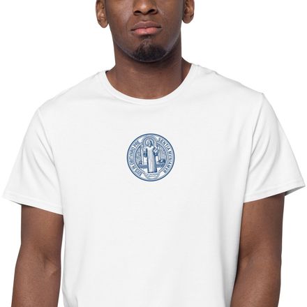 Embroidered Men&#x27;s Premium Cotton T-Shirt, St. Benedict Medal, debxwe design, blue