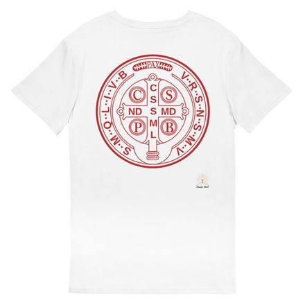 Men&#x27;s Premium Cotton T-Shirt, St. Benedict Medal, filt5a design, back print, red