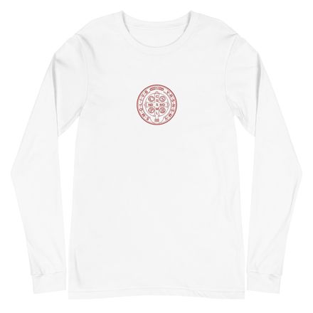 Embroidered Unisex Long Sleeve Tee, St. Benedict Medal, 16k4ku design, red