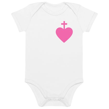 Organic Cotton Baby Bodysuit, Sacred Heart of Jesus, 7ugqf9 design, pink, left chest