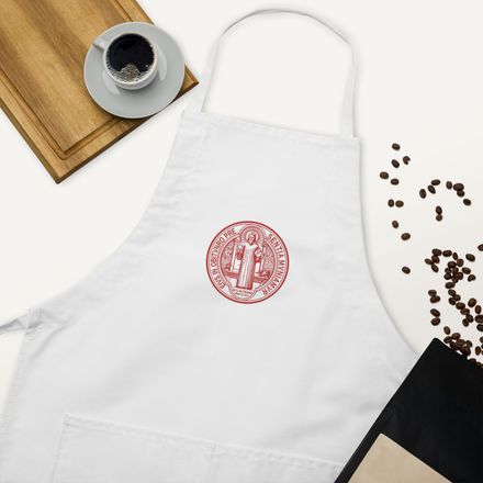Embroidered Apron, St. Benedict Medal, debxwe design, red