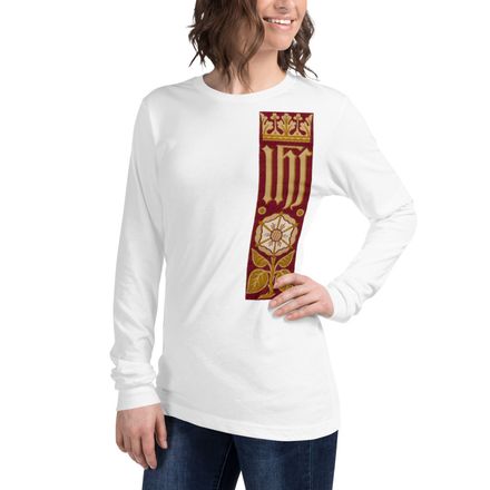 Unisex Long Sleeve Tee, IHS Stripe With Crown and Monstrance, Red, yok2qk, left chest
